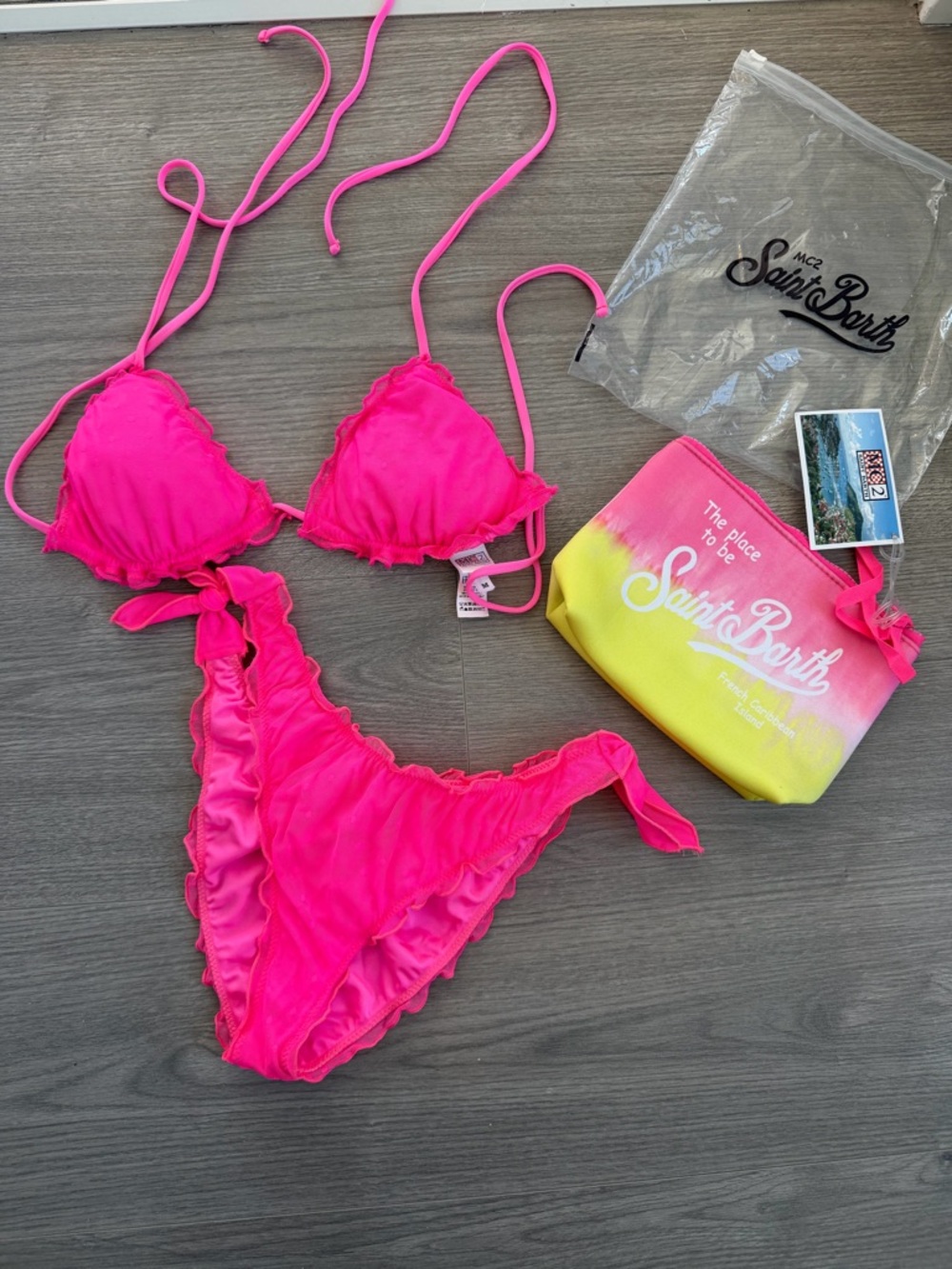 Mc2 Saint Barth Fluo Pink Triangle Tulle Bow Bikini M $149
